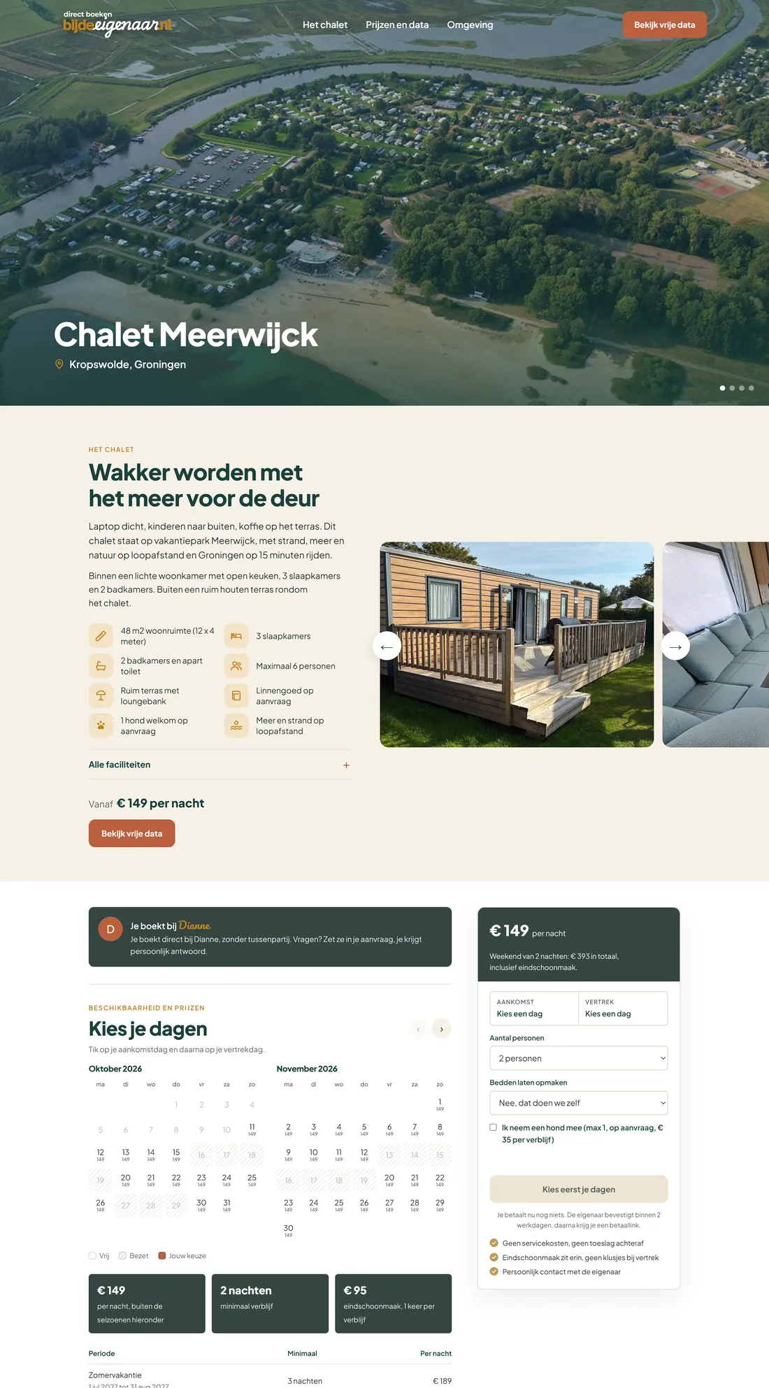 De boekingspagina van Chalet Meerwijck met foto's, omschrijving, kalender en aanvraagkaart